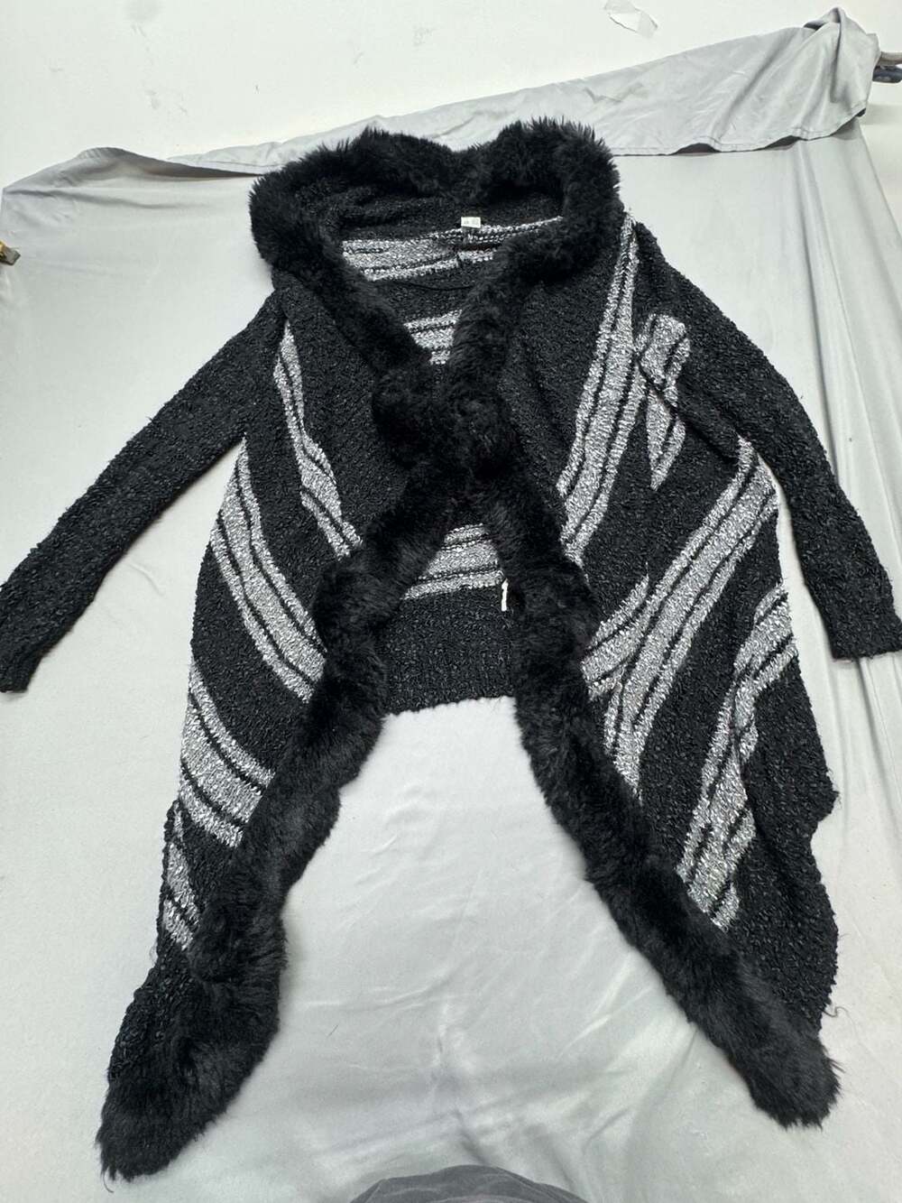 Venus Cardigan Sweater Size M Black Gray Faux Fur Trim Hood Asymmetrical